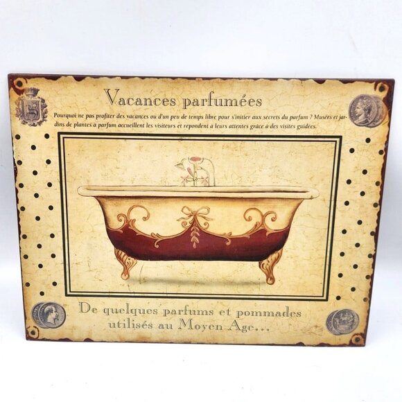 NWT Pair Wall Décor Rustic Tin French Fragrance Ad Signs with Antique Bathtubs - Picture 6 of 8